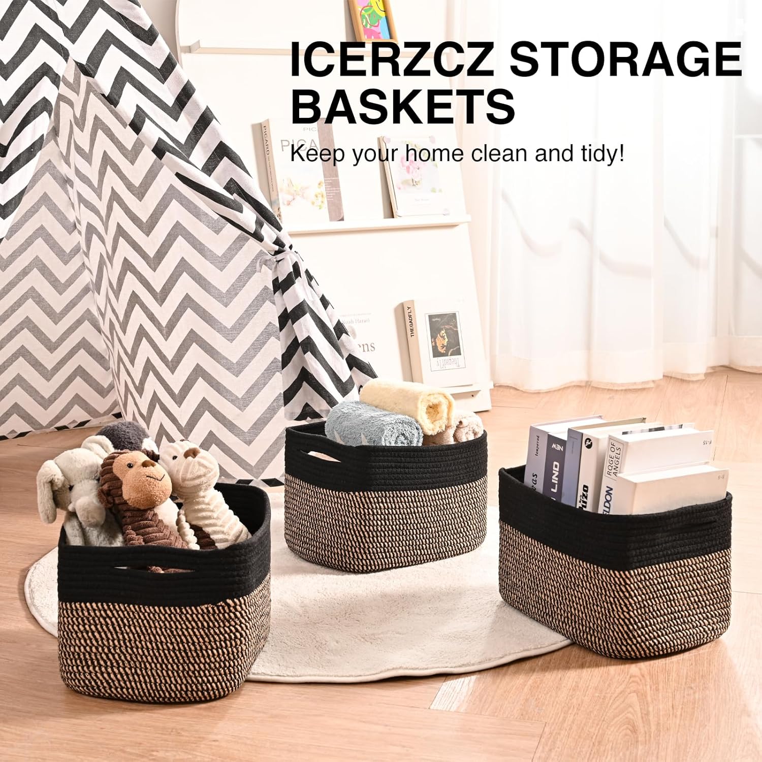 Woven Cotton Rope Baskets for Storage / Black & Jute