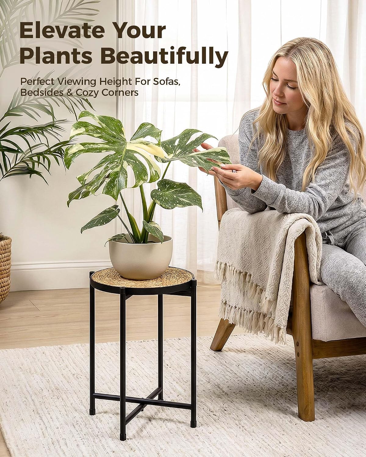 Bamworld Indoor Plant Stand Tall Plant Table Corner Plant Stool Boho Small Plant Holder Single Flower Stand for Large