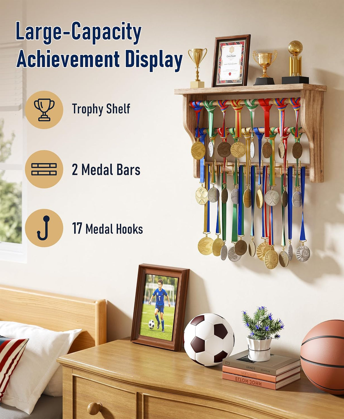 Medal Hanger Display, 3-Tier Solid Wood Trophy Shelf Rack | Medal Holder,2 Medal Bars,17 Metal Hooks,Heavy Duty