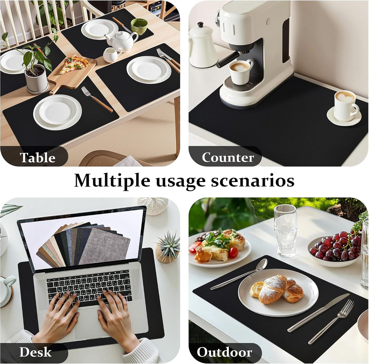 FROMHEART Faux Leather PU Placemats Set of 8 (Black,11.8" x 17") | Waterproof,Heat/Oil Stain-Resistant Table