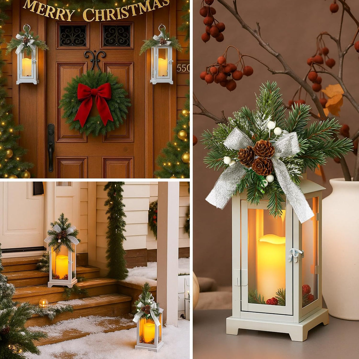 White 2 Pcs Christmas Metal Candle Lantern and LED Fake Candles 12'' and 15'' Decorative Lanterns with Xmas Ornament