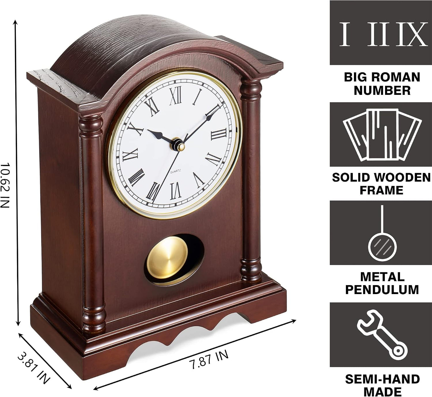 AYRELY® Classic Grandfather Mantel Clock for Living Room Déco, Elegant Wooden Finish, Gold-Tone Pendulum, Desk Clock