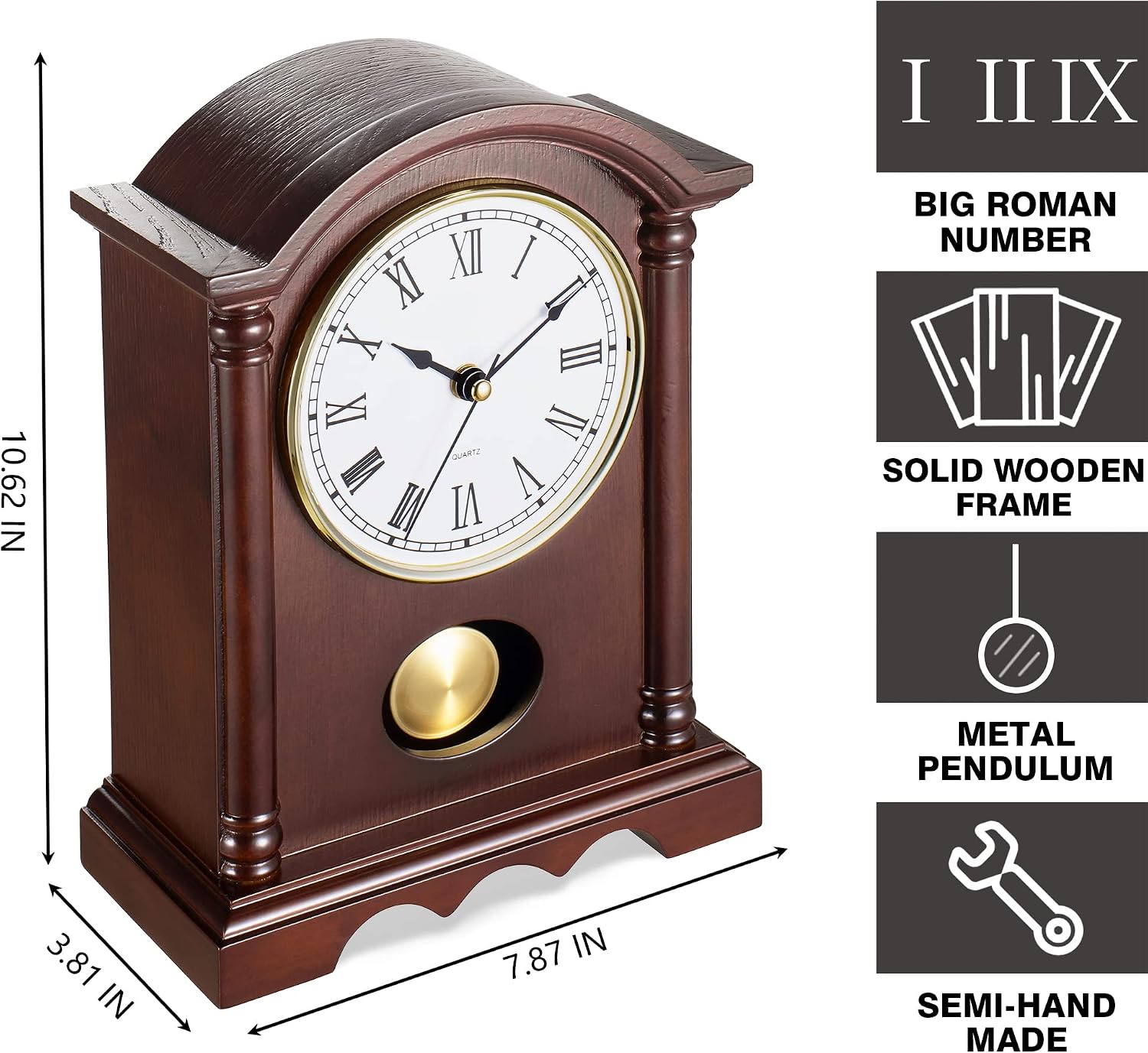 AYRELY® Classic Grandfather Mantel Clock for Living Room Déco, Elegant Wooden Finish, Gold-Tone Pendulum, Desk Clock
