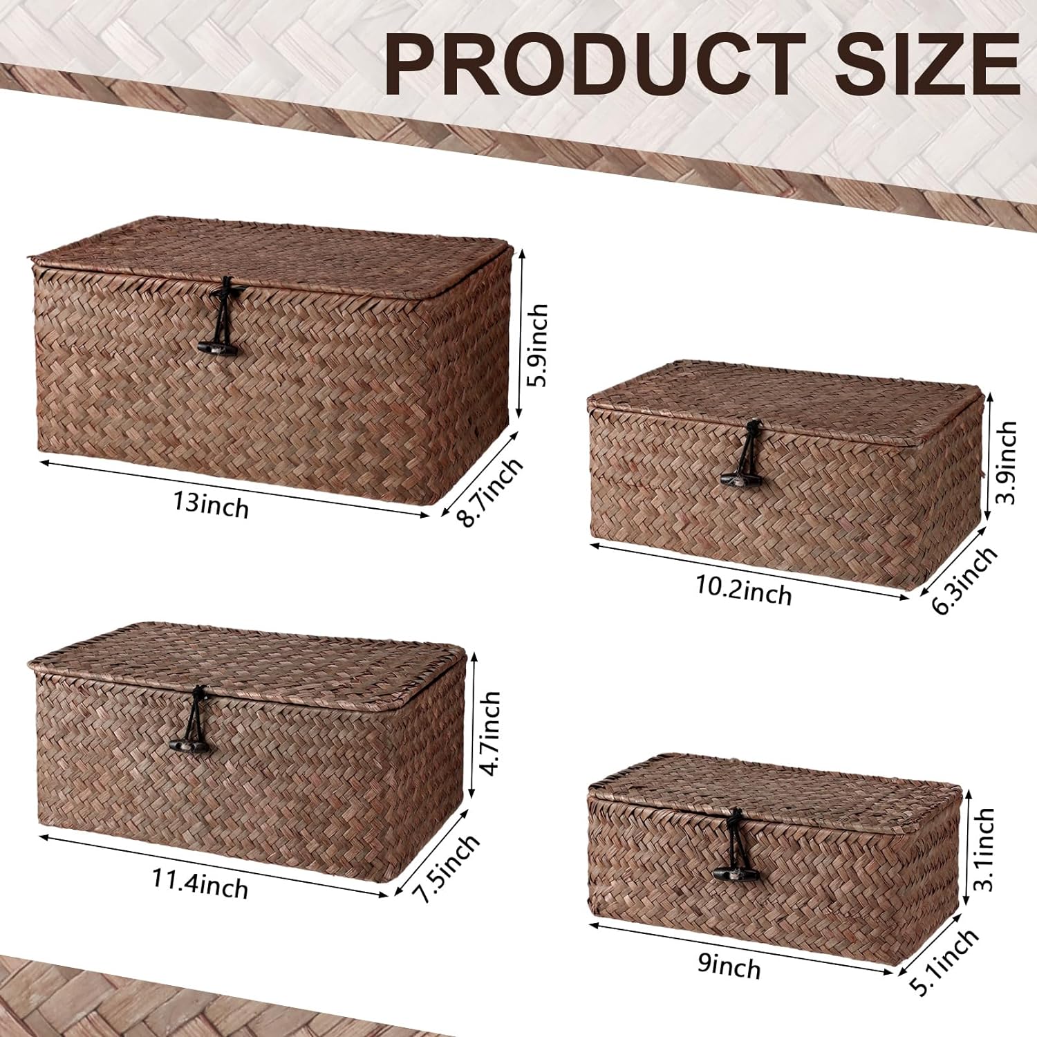 Wicker Baskets / Woven Rectangular Basket Bins / Coffee / Set of 4