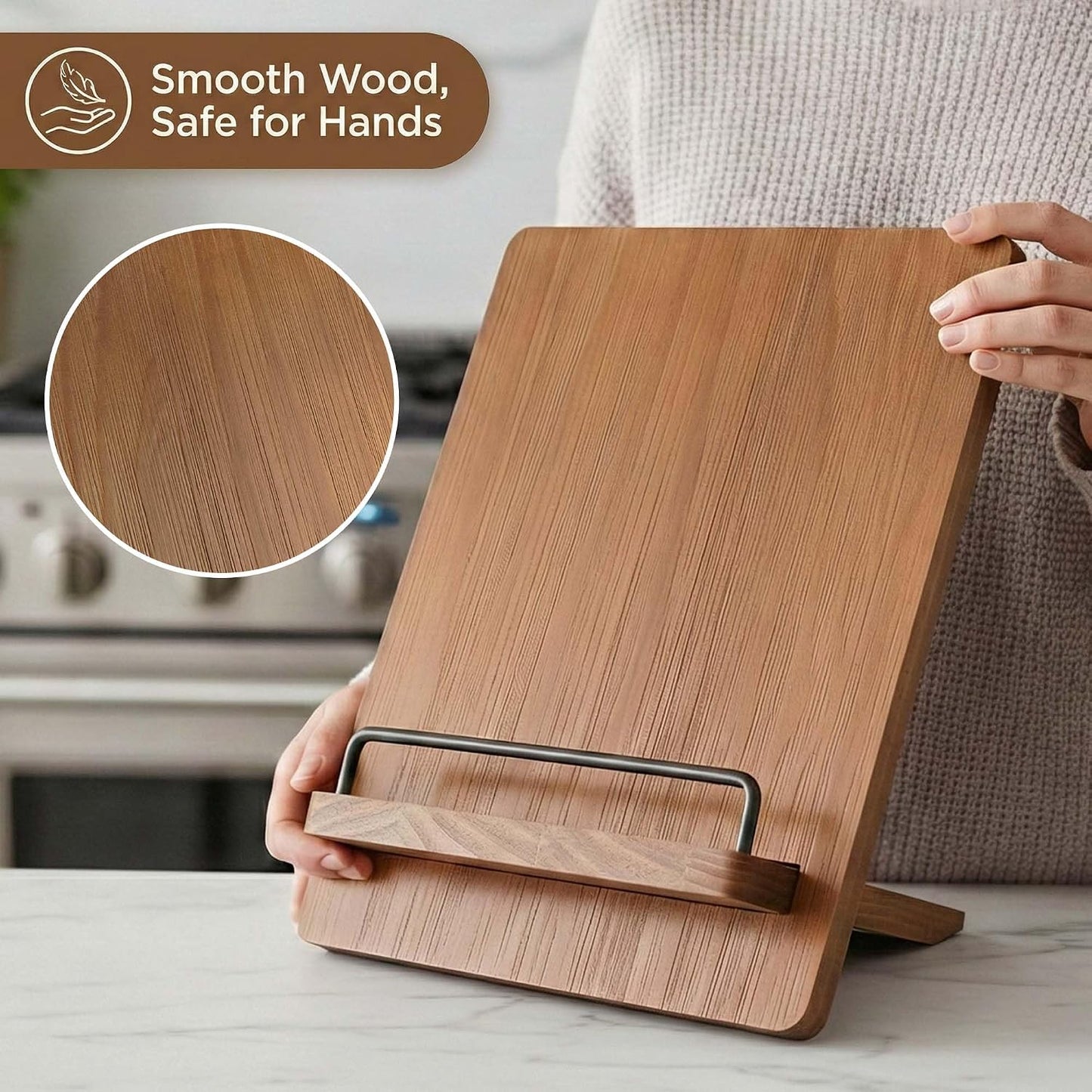 Wood Cookbook Stand Holder: Kitchen Adjustable Cookbook Holder Recipe Stand | for Counter Brown