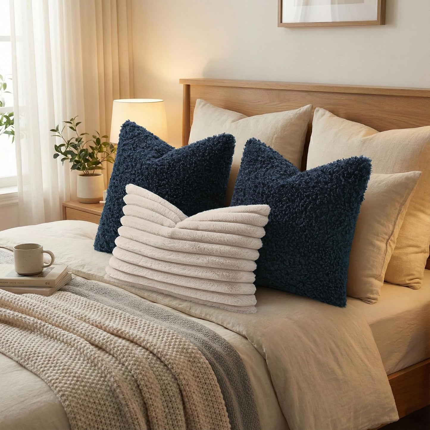 Faux Fur Decorative Sherpa Pillow Covers Fuzzy Accent Soft / Navy Blue / 18 x 18 / Set of 2