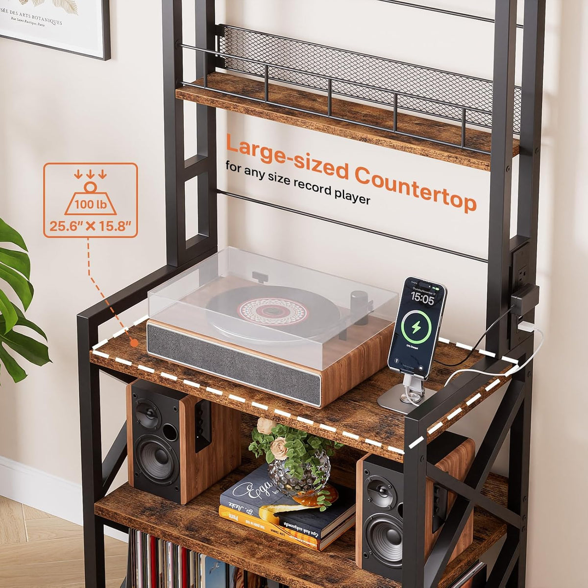 Record Player Stand with Power Outlet - Turntable Display Shelf | 5-tier Vinyl Record Storage Rack Holds 300 LPs, Media