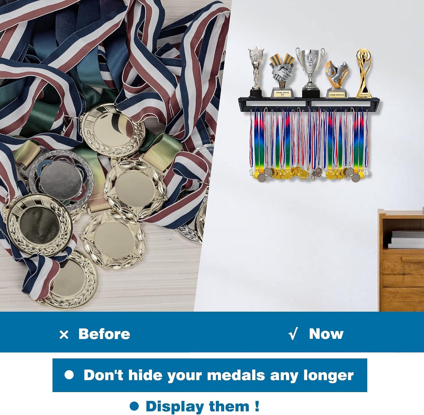 LAVIEVERT Gymnastic Medal Hanger with Storage Shelf, Wooden Wall-Mounted Trophy Shelf, Race Medal Display Rack Holder