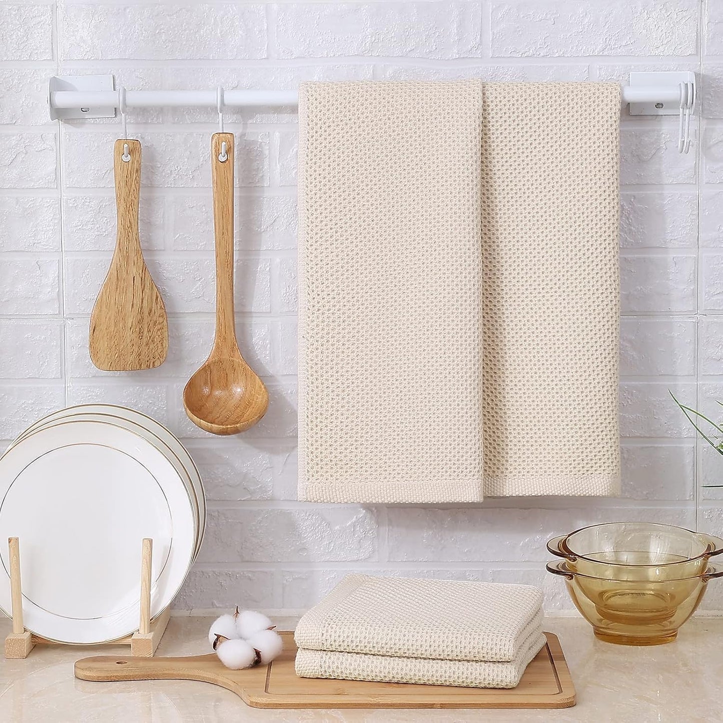 Kitinjoy 100% Cotton Waffle 12-Pack Kitchen Towels, 13" x 28", Beige | Super Soft, Ultra-Absorbent, Fast Drying