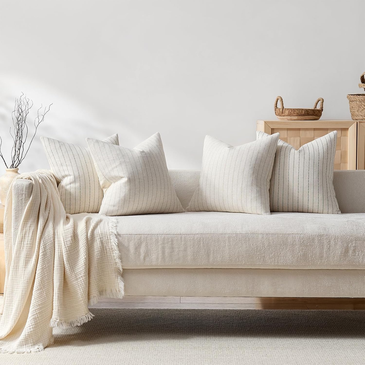 Linen Striped Throw Pillow Covers Neutral Couch Pillow Cases Farmhouse / Brown / 18 x 18 / Set of 2