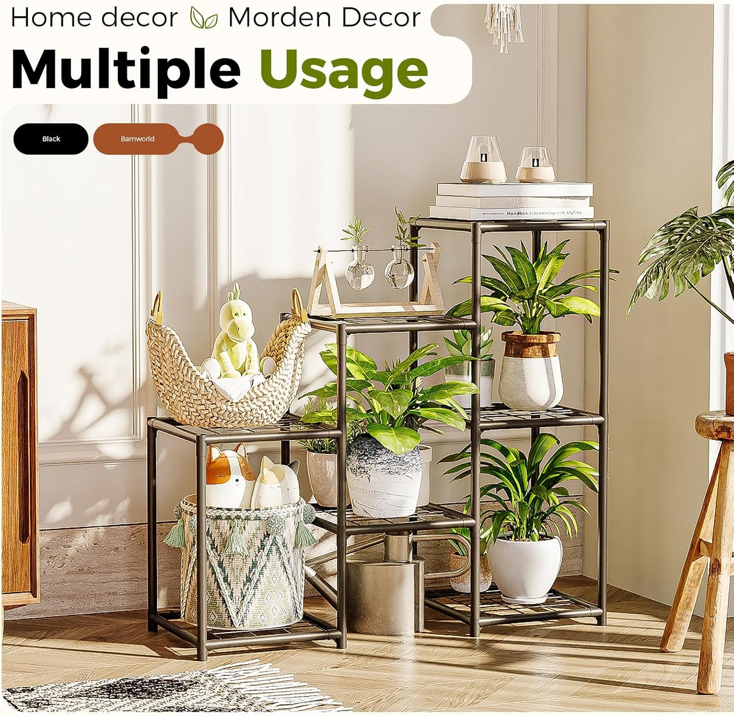 Bamworld Black Plant Stand Outdoor Metal Plant Shelf for Multiple Plants | 3 Tiers Ladder Plant Holder Waterproof for