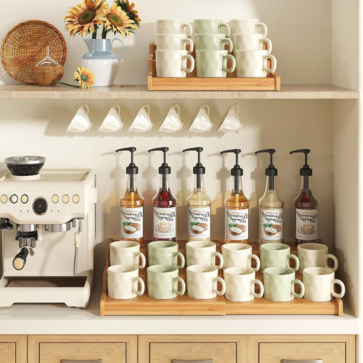 Hongtamoya 3-Tier Expandable Bamboo Mug Holder For Countertop Coffee Cup Holder Display Mug Organizer Mug Rack for