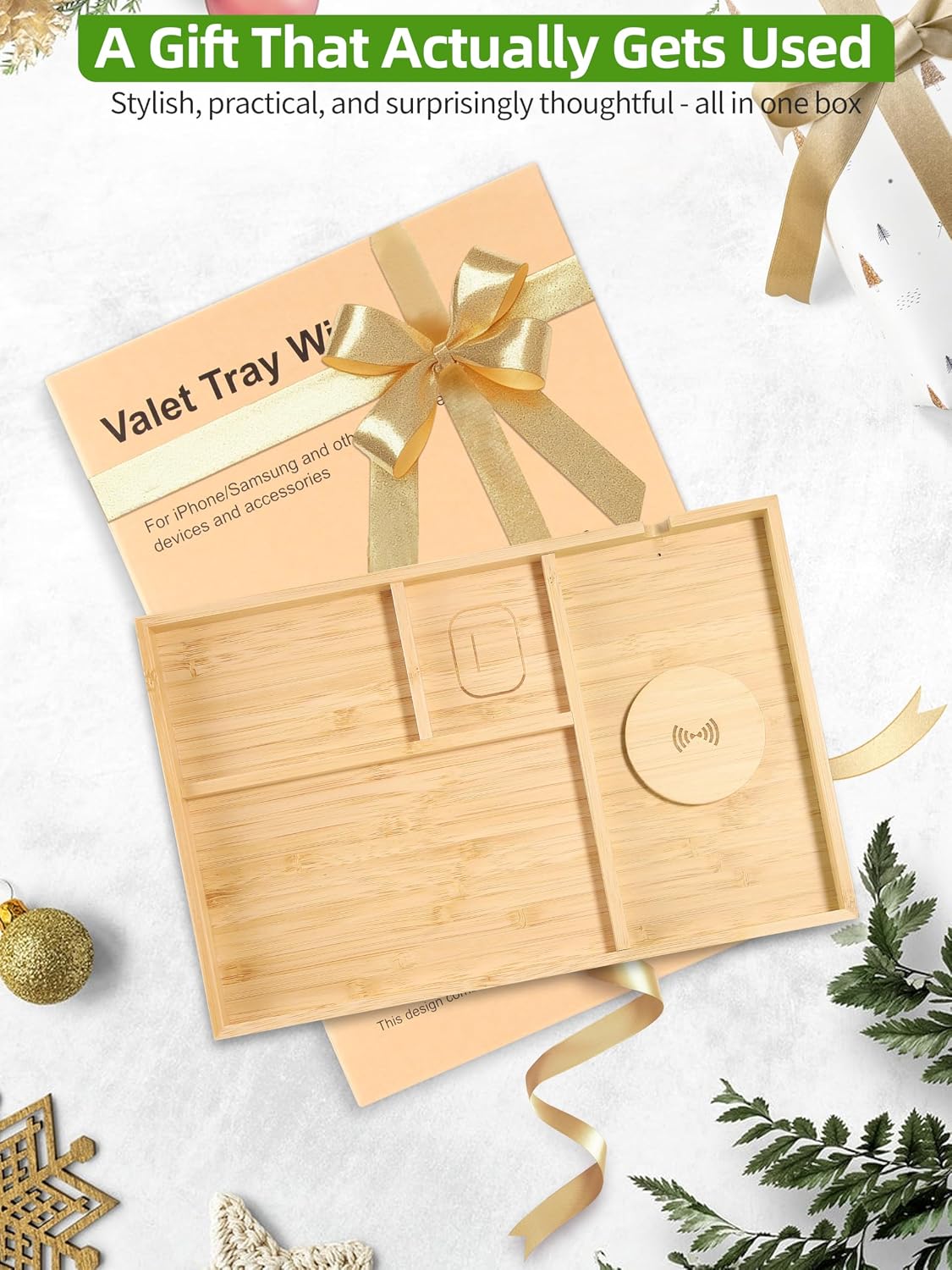 Bamboo Valet Tray with Dual Wireless Charger - EDC Nightstand Organizer for Men - Desk Tray & Catchall for Phone