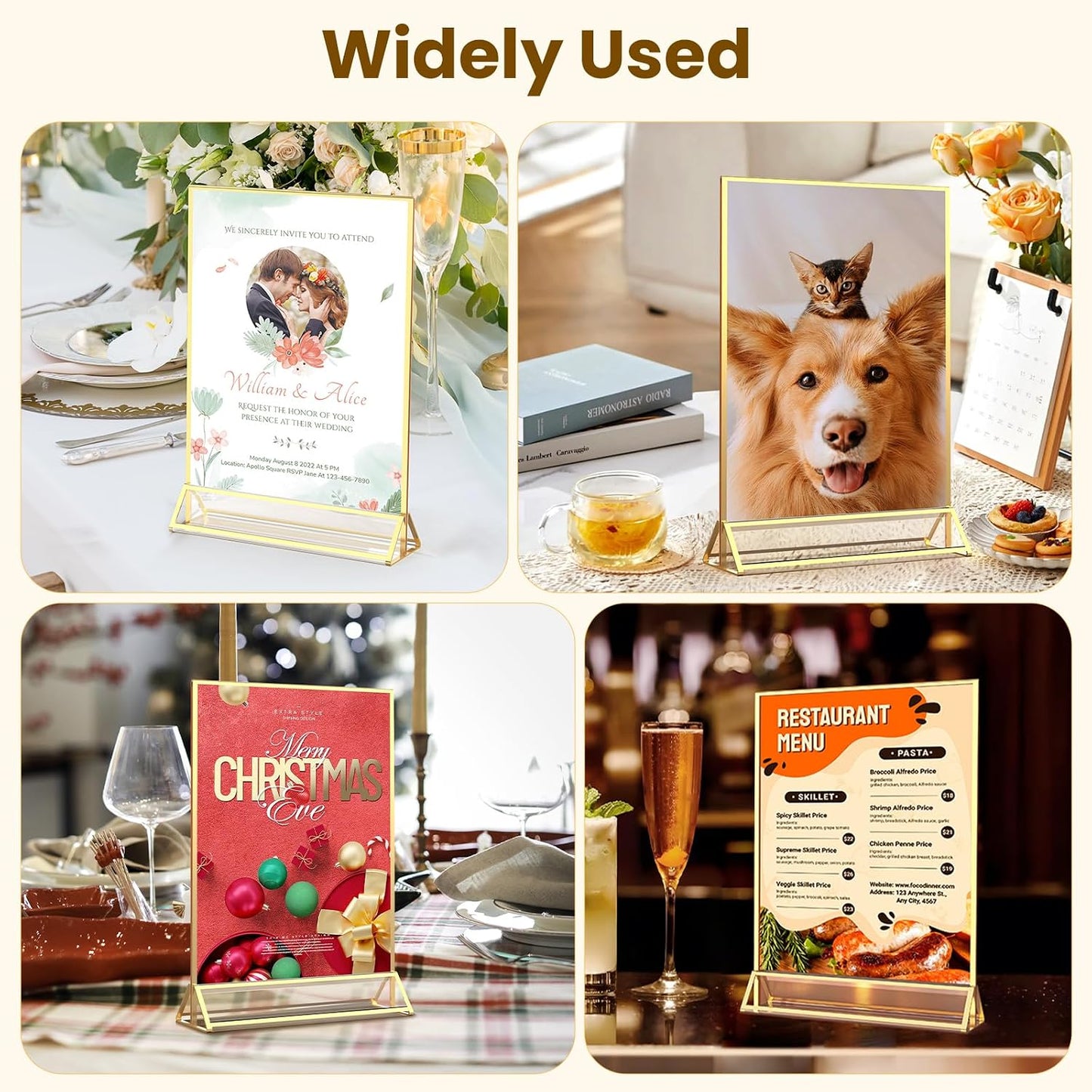 Acrylic Sign Holder Double-Sided Frames Flyer Display Stand for Menu / 5 x 7 / Gold / Set of 6