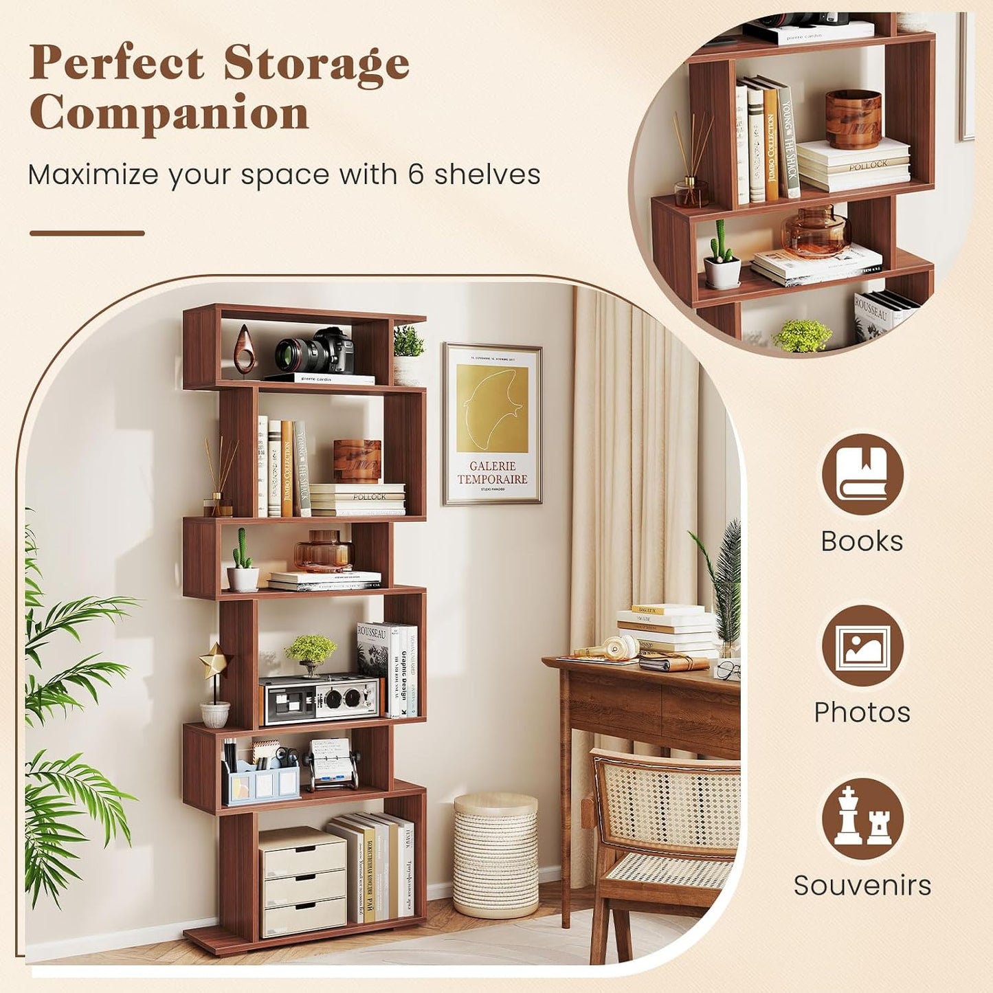 Giantex 6-Tier Geometric Bookshelf, S-Shaped Bookcase with 2 Anti-Tipping Kits, Wooden Display Shelf, Decorative