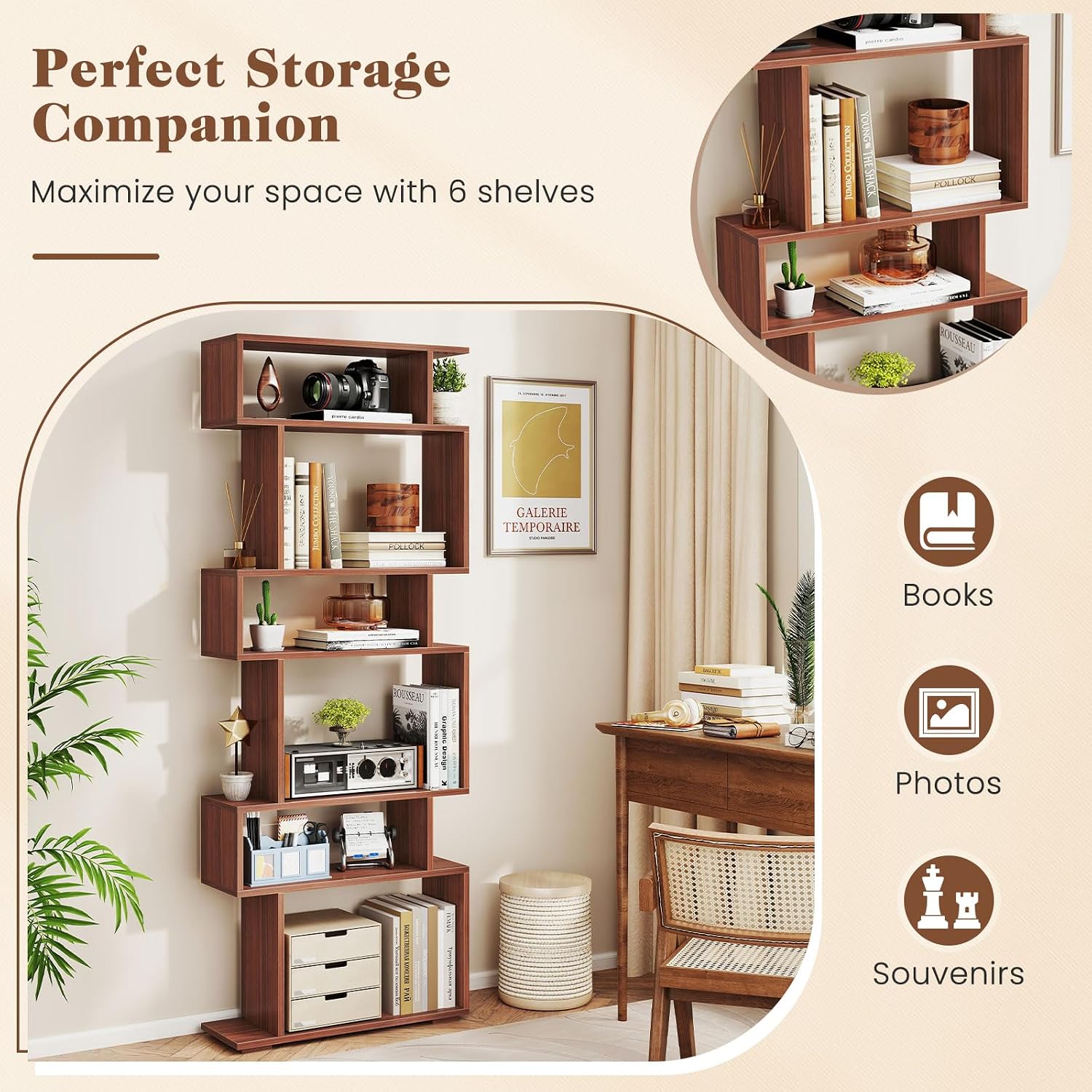 Giantex 6-Tier Geometric Bookshelf, S-Shaped Bookcase with 2 Anti-Tipping Kits, Wooden Display Shelf, Decorative