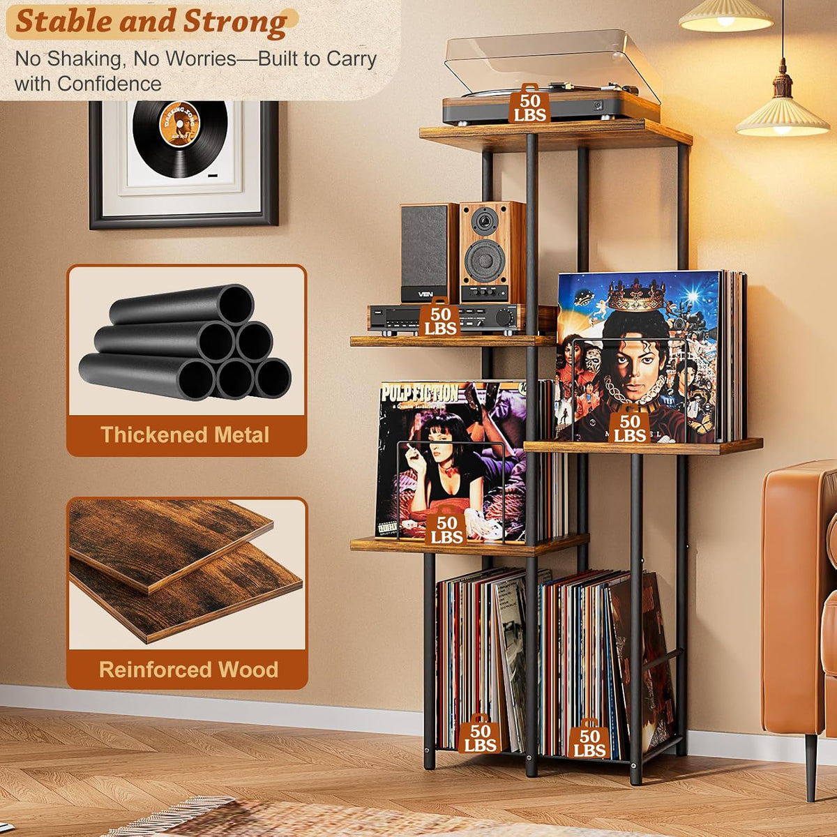 Record Player Stand, Vinyl Record Storage Holder with Display Shelf, Turntable Stand Table with Vinyl Organizer
