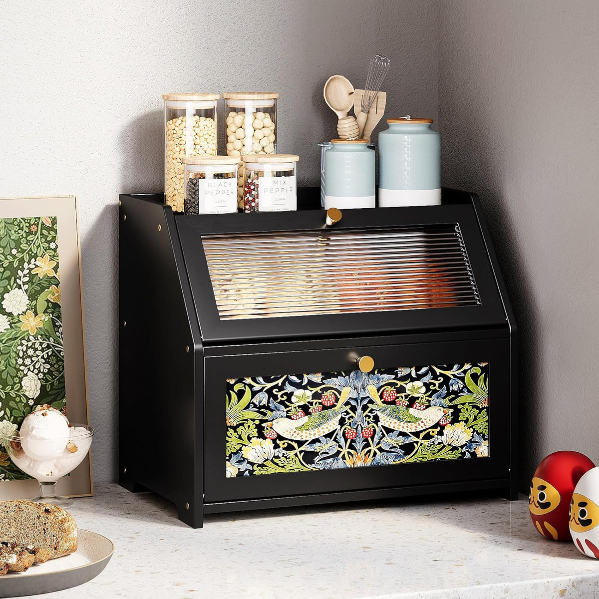 Trironsun Bamboo Bread Box for Kitchen Counter Black Bread Storage Container with Acrylic Door William Morris Flower