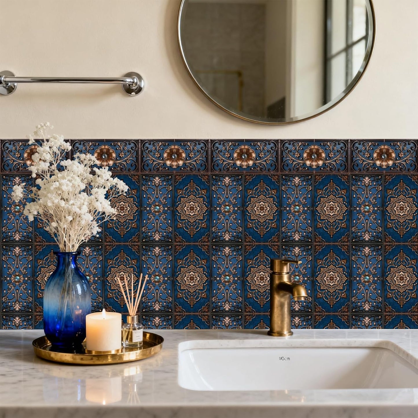 6 Style Wall Stickers Pattern Peel and Stick Wall Tile Sticker / Blue Textured Flowers / Set of 36