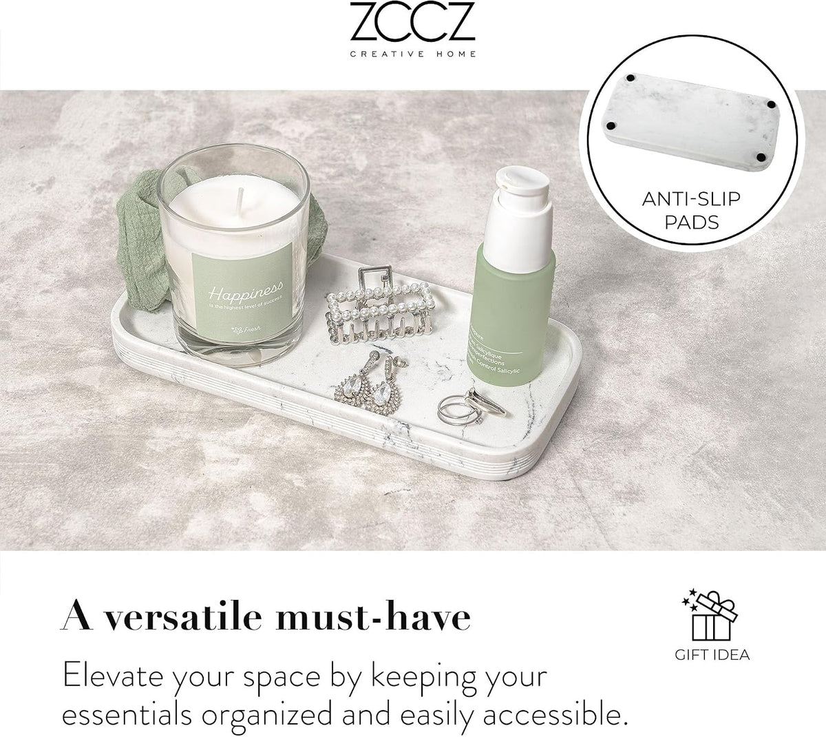 White Marble Bathroom Accessories Set 6 Pieces - Toothbrush Holder, Lotion Dispenser, Qtip Container, Vanity Tray