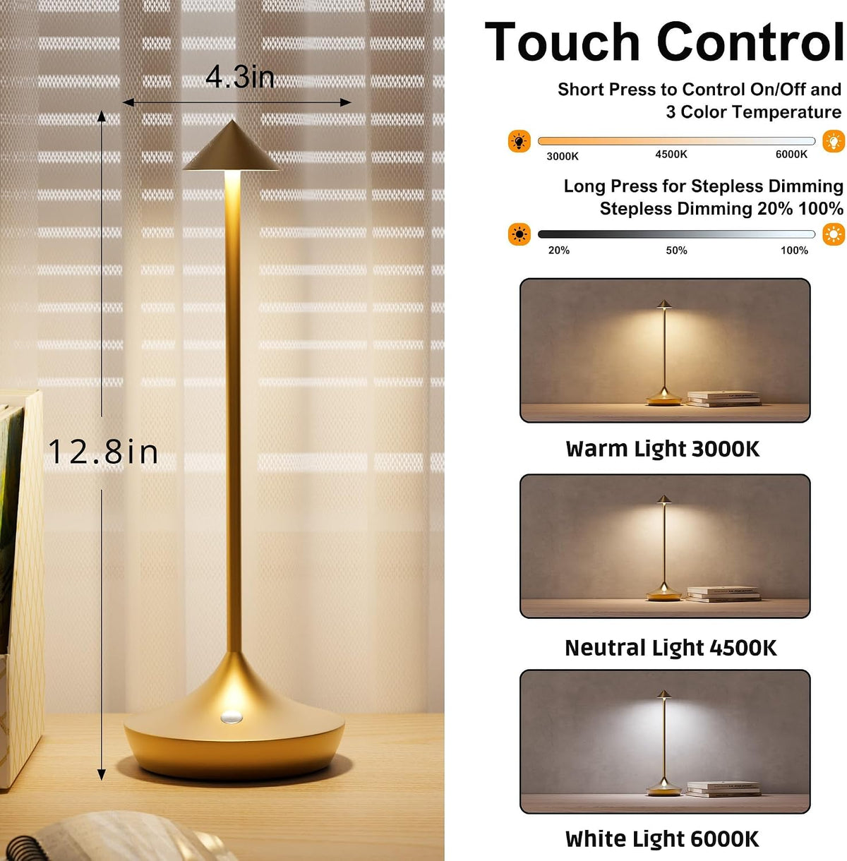 Cordless Rechargeable Table Lamp, Long-Lasting 60-Hr Battery, Dimmable LED | Set of 2 Gold with IP54 6000mAh 3 Color