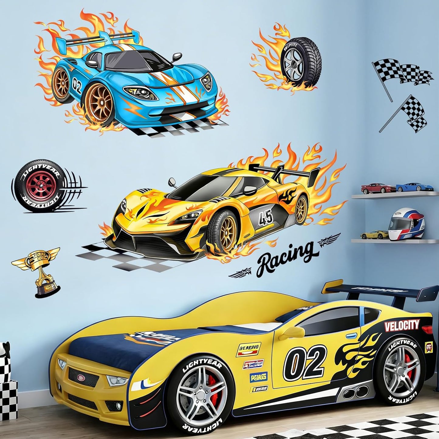 2 Large Racing Car Wall Decals Blue Car Trophies Wall Stickers Vinyl Removable Wall Art / Yellow