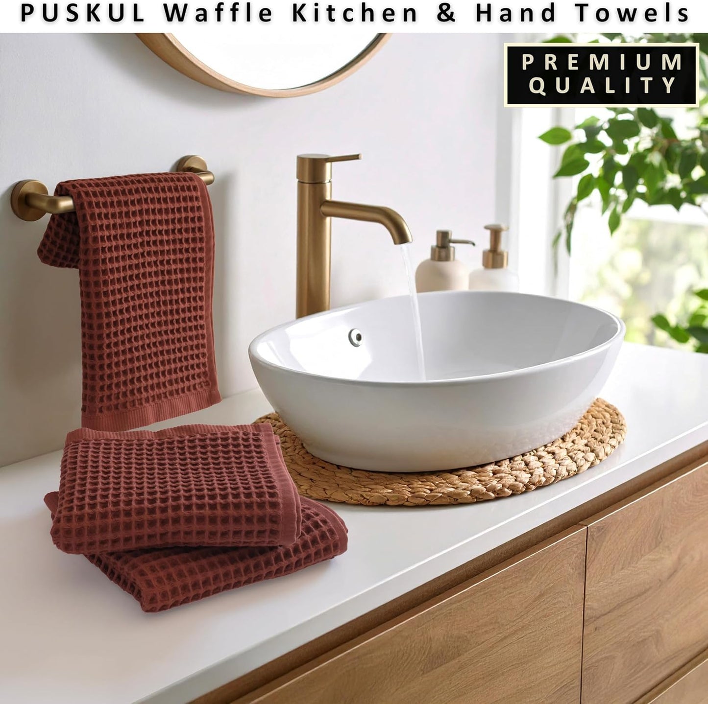 PÜSKÜL Natural 100% Turkish Cotton Waffle Hand and Kitchen Towels Set of 3 | Brick-Red, Large 32x16 inc
