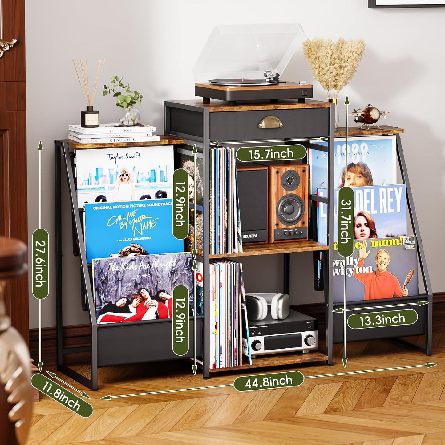 Record Player Stand with Vinyl Storage – Record Table with Holder,6-Bin Vinyl Storage Rack & Drawer, Dual Side Display
