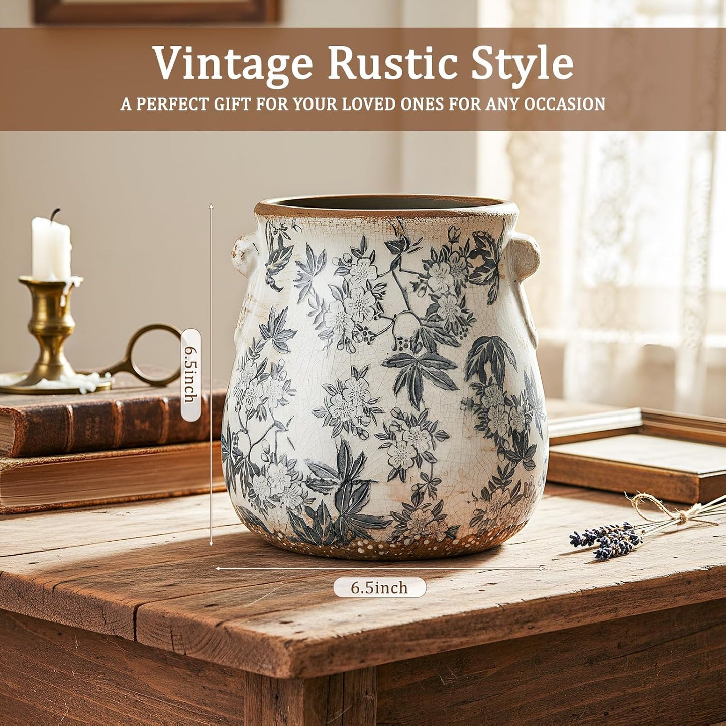 Ceramic Scroll Planter Chinoiserie Floral Vase / Retro Gray / 6.5 Inch