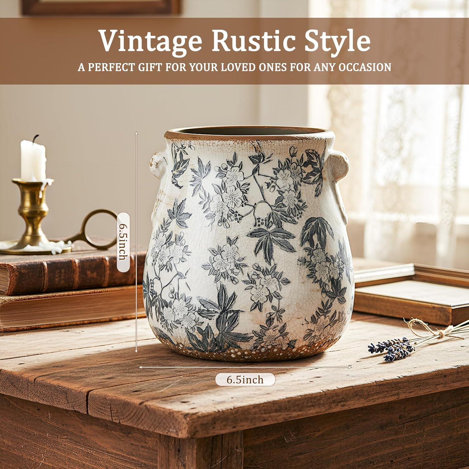 Ceramic Scroll Planter Chinoiserie Floral Vase / Retro Gray / 6.5 Inch