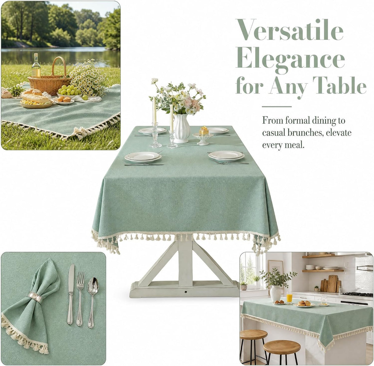 Sage Green Tablecloth for Rectangle Tables - 55x86 Inch Linen Textured Farmhouse Waffle Weave Table Cloth with Tassel