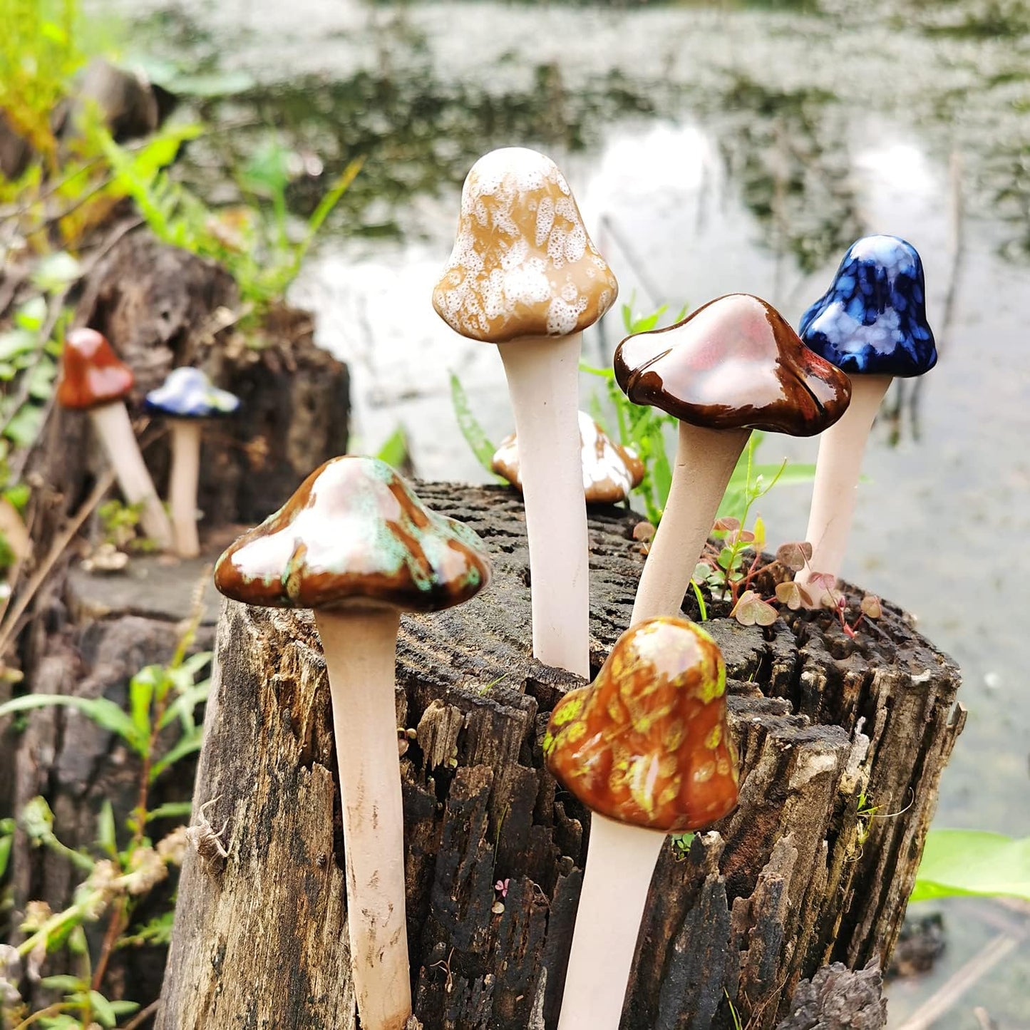 Ceramic Mushroom Statue Garden Pot Decoration Mushroom Figurine Indoor and Outdoor / Set of 8