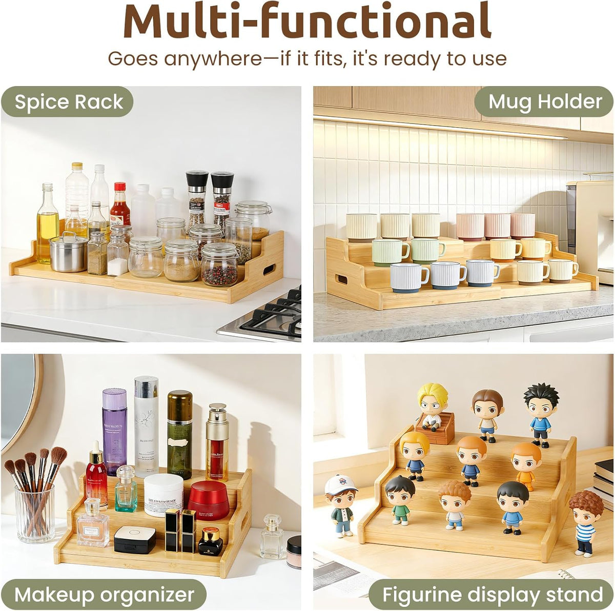 3-Tier Expandable Bamboo Mug Holder for Countertop Coffee Cup Holder Display Mug Organizer Mug Rack for Coffee Bar