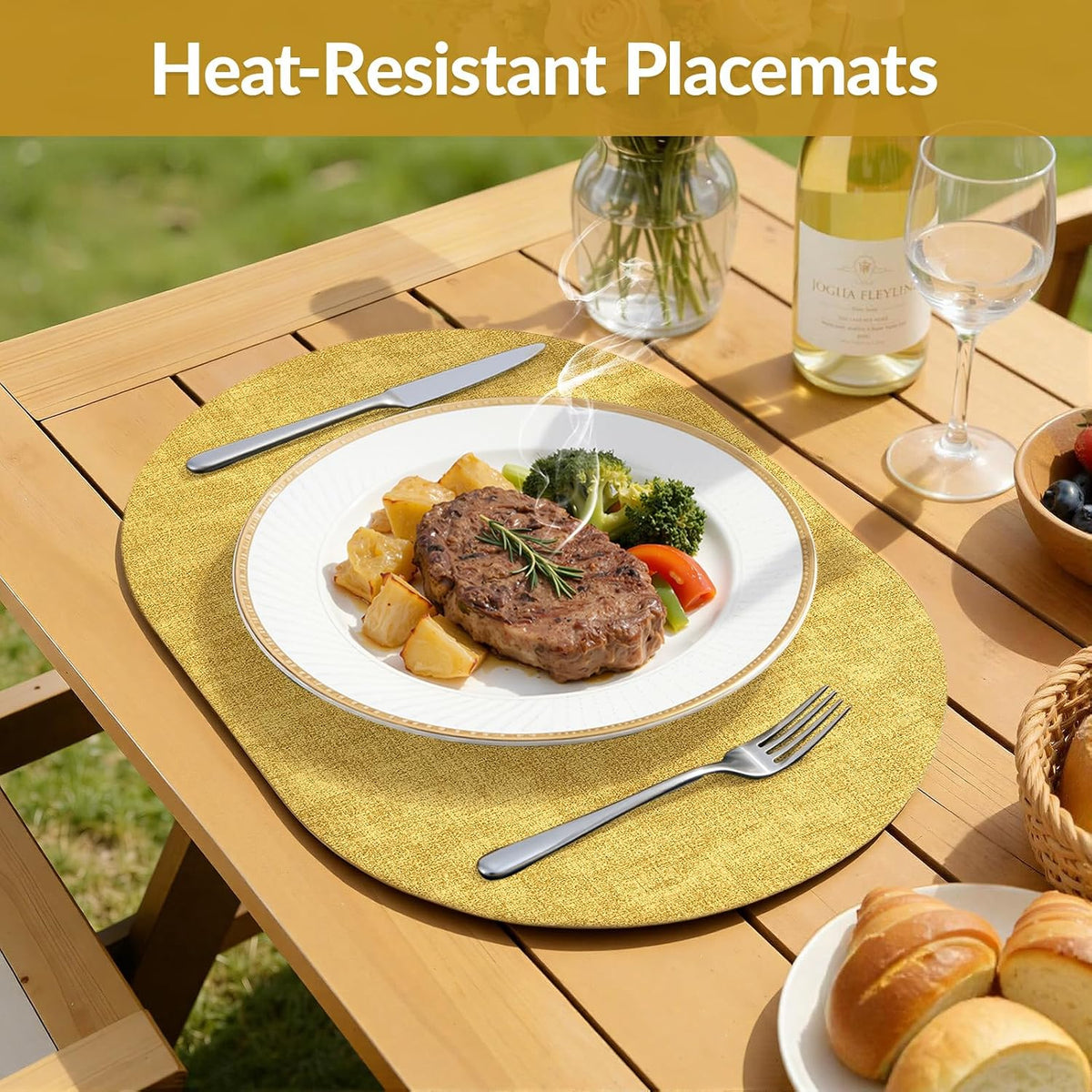 Placemats Set of 6, 11.8 x 17 Inch, Yellow | Heat Resistant Oval Faux Leather Place Mats, Waterproof Wipeable