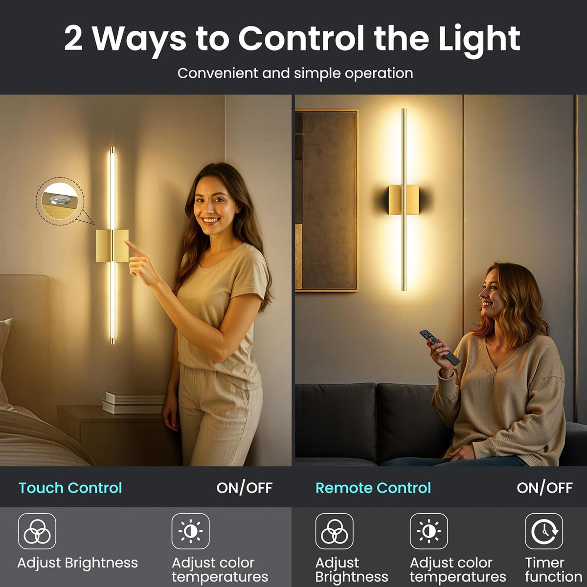 10000mAh Rechargeable Wall Lights, Gold, 29 Inch, 3CCT, 2 Pack | Battery Operated Wall Sconces Set of 2, Remote