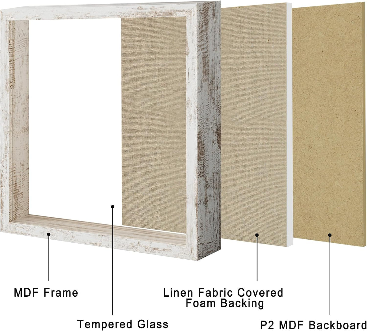 11x11 Shadow Box Picture Frame Display Case with Soft Linen Back, Distressed White Wooden Memory Shadow Box Frame with