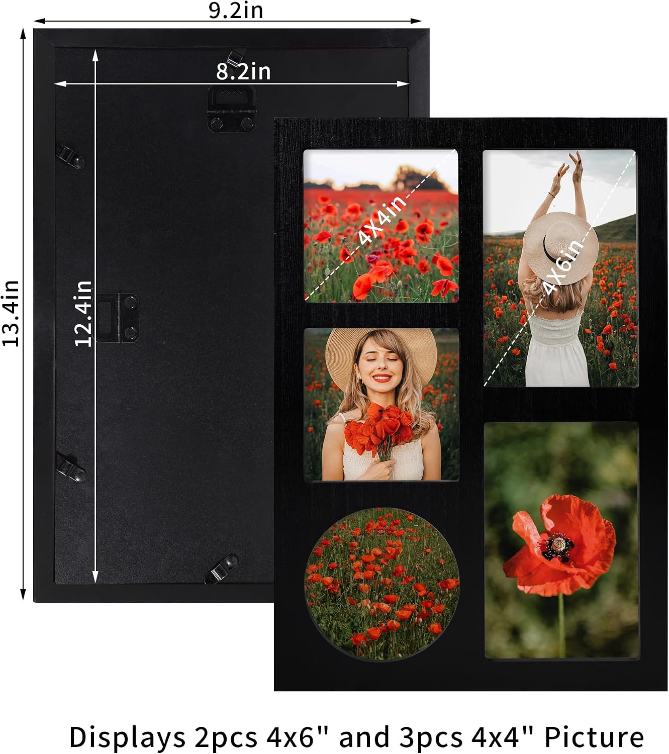 YESKAY 4x6 and 4x4 Collage Picture Frame, Display 5 Openings Photo Frames, Rustic Black Wood Frame with Real Glass