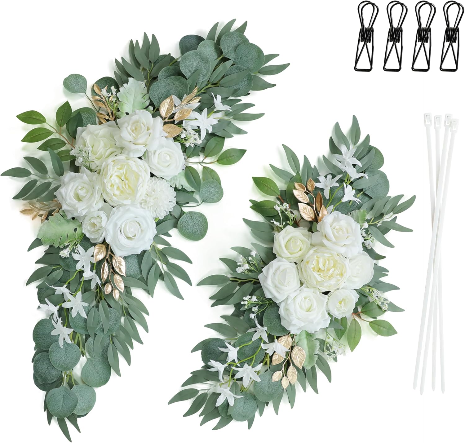 Artificial White Wedding Arch Flower Swags for Welcome Signs / White & Gold / Set of 2