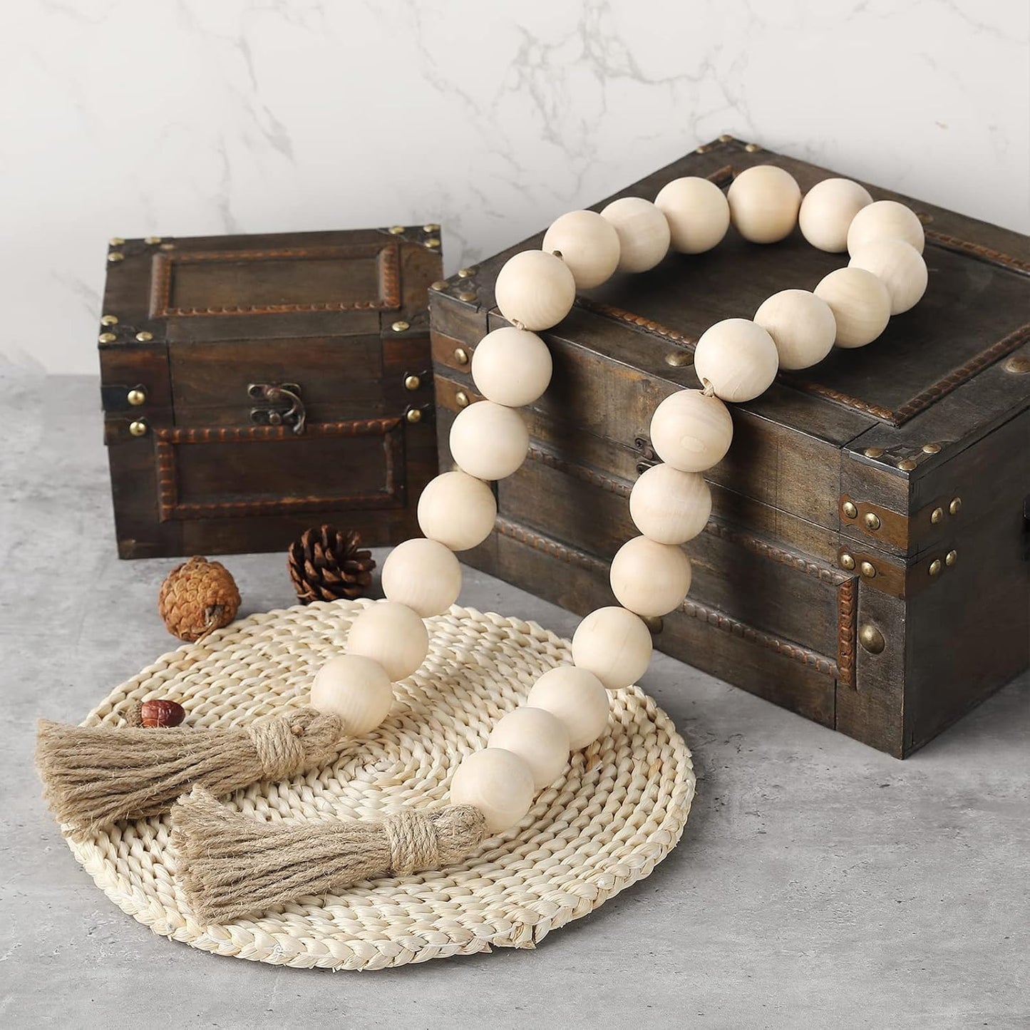 Farmhouse Decor Large Wood Bead Garland long / Natural / 50 Inch