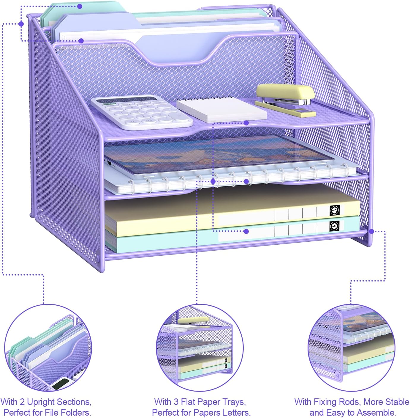 Samstar Purple Desk File Organizer, Mesh Letter File Folder Holder with 3 Paper Trays and 2 Vertical Upright Section