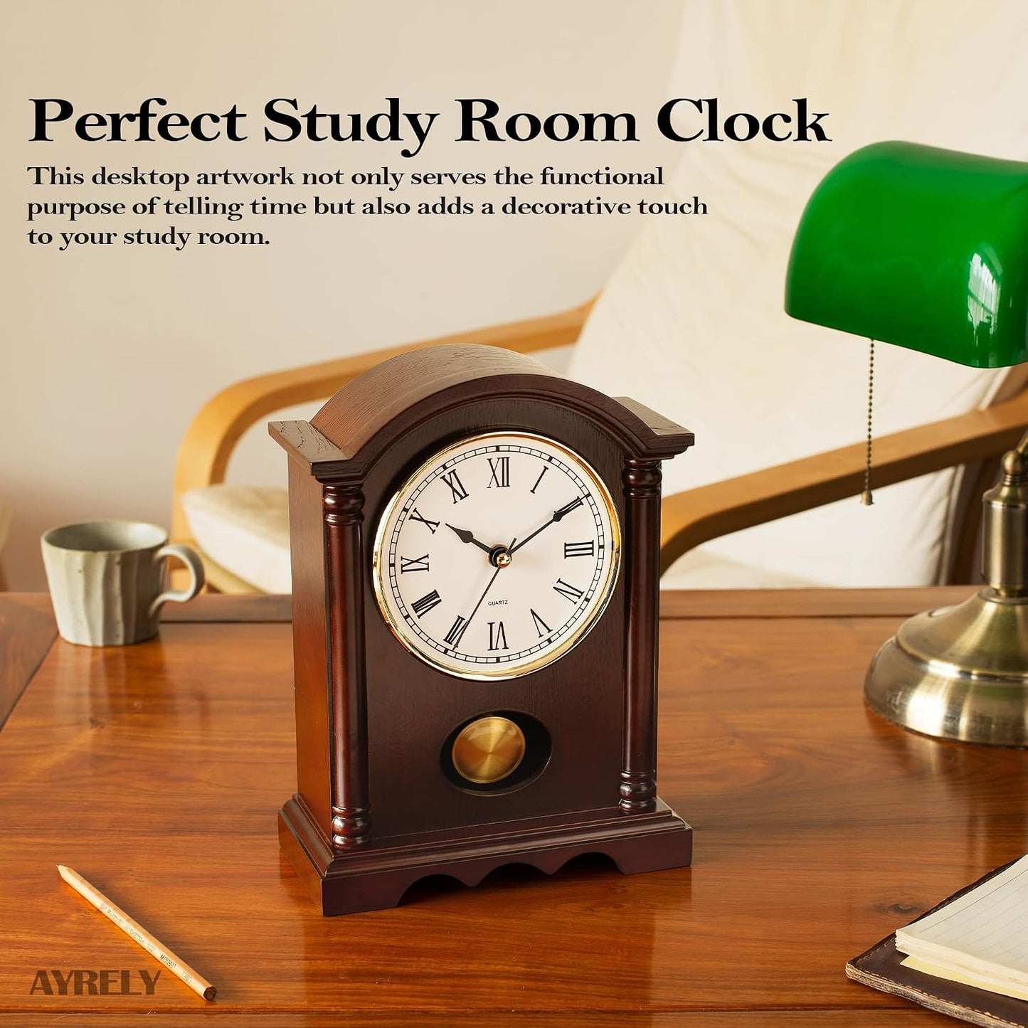 AYRELY® Classic Grandfather Mantel Clock for Living Room Déco, Elegant Wooden Finish, Gold-Tone Pendulum, Desk Clock