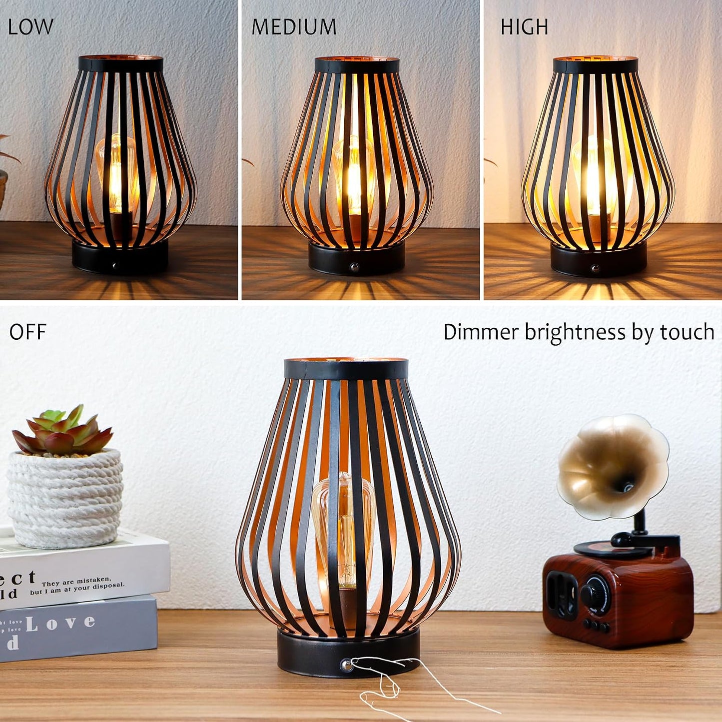 JHY DESIGN Dimmable Touch Bedside Table Lamp 8.5''H Rechargeable Battery Powered Lamp with LED Edison Style Bulb