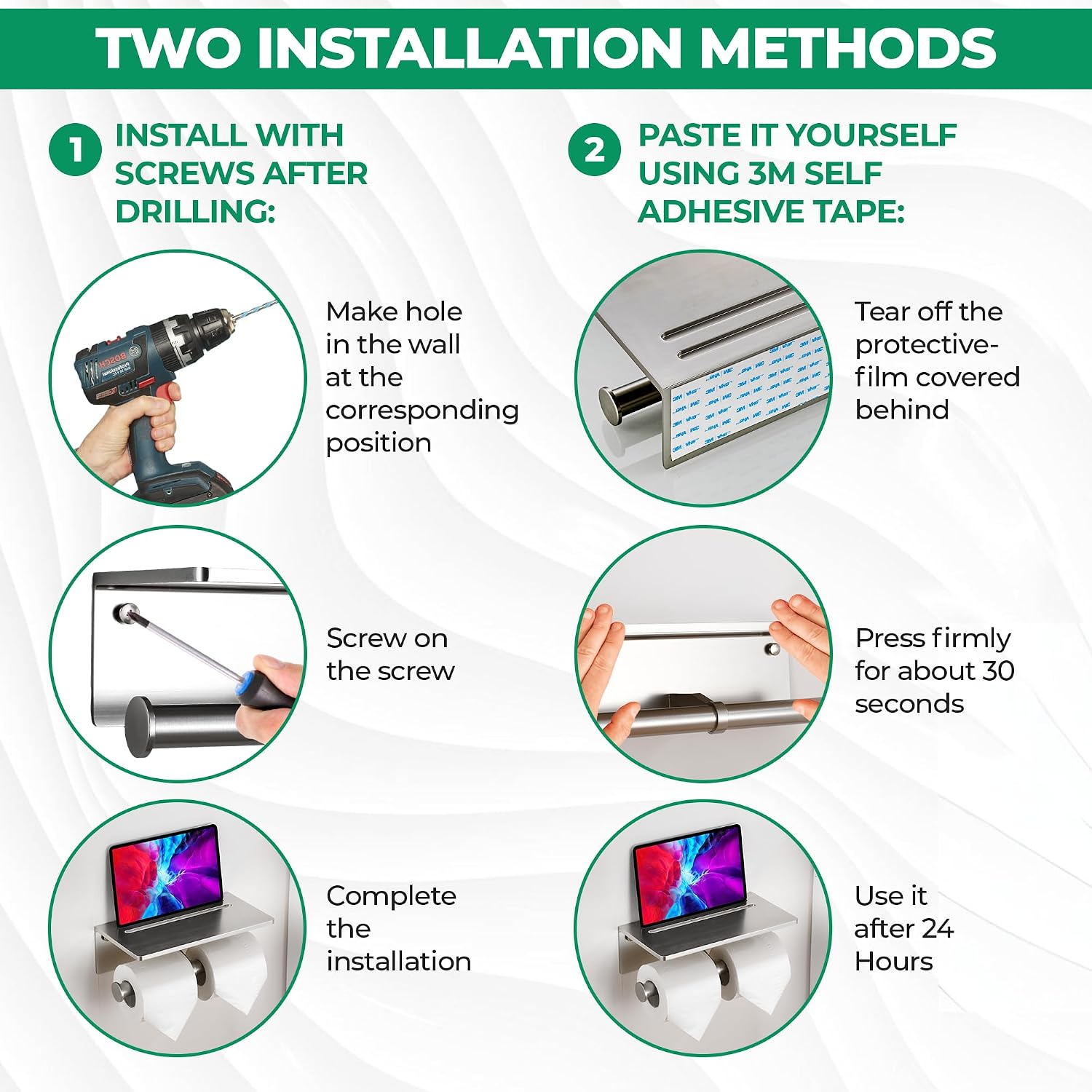 Toilet Paper Holder - Aluminium Double Roll Toilet Tissue Holder with Mobile Phone Shelf for Bathroom, 3M Self Adhesive