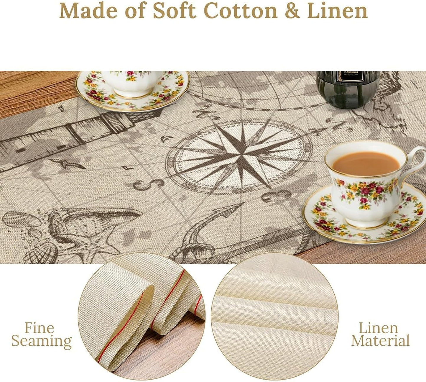 Nautical Sailboat Map Table Runner, Sketch Pirate Ship Wheel Compass Patterns Printed Linen Table Runner for Home