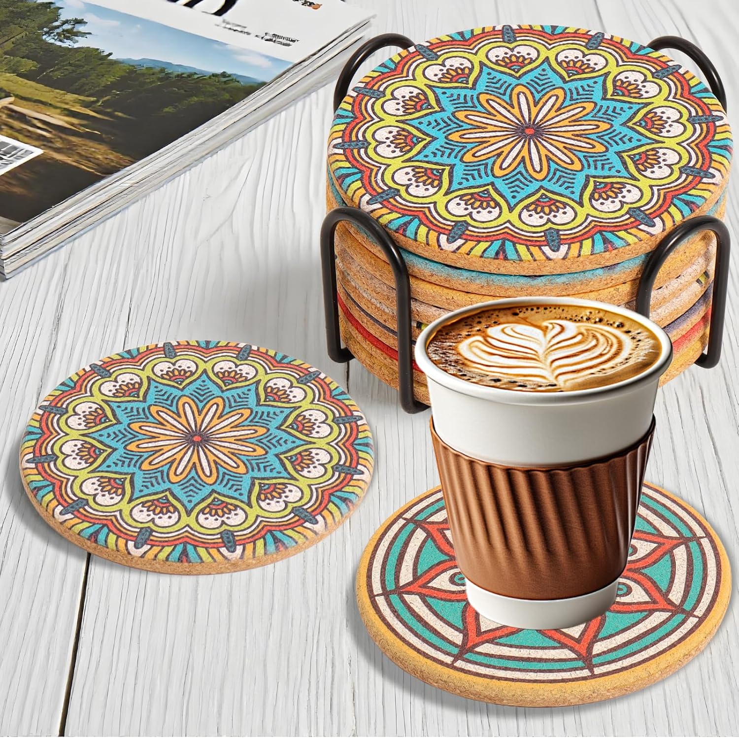 Holder / Round Boho Coasters for Drinks / Mandala Coasters4 / Set of 8