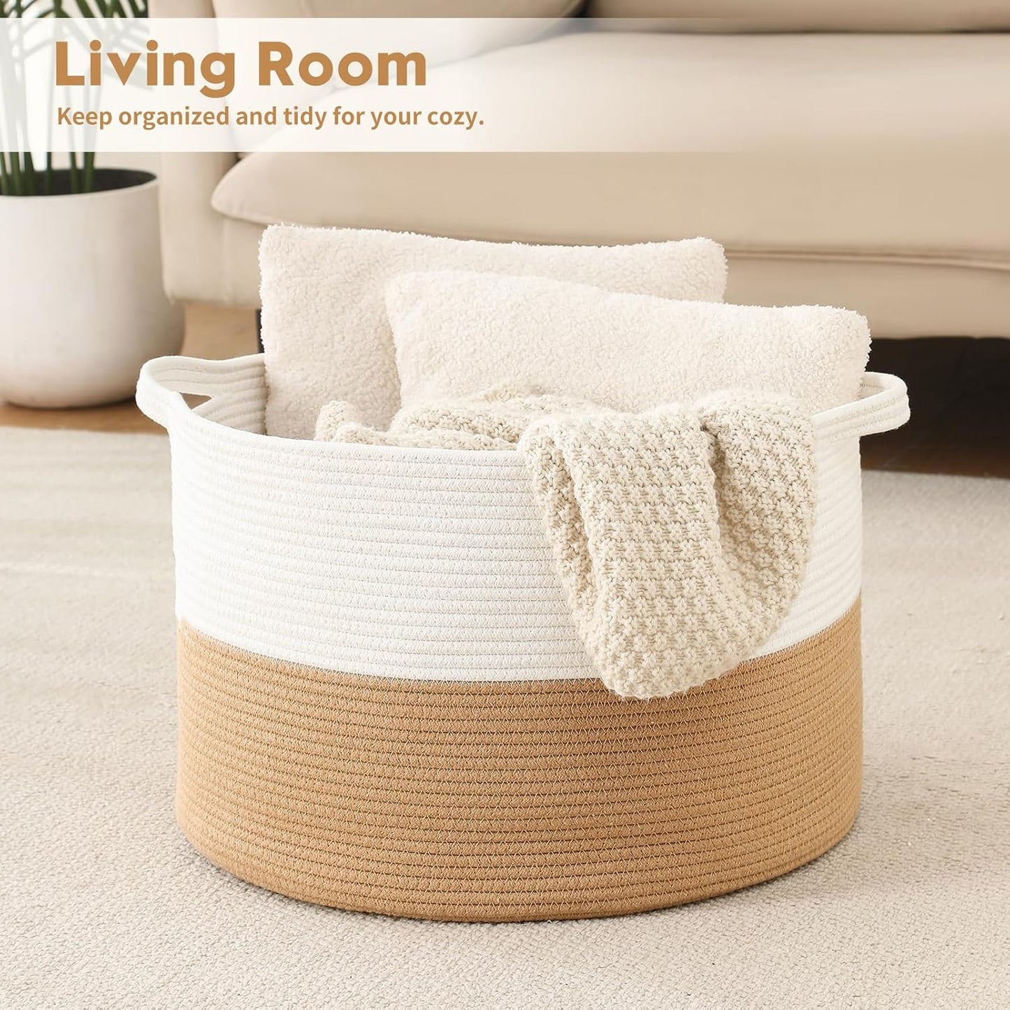 Collapsible Handle Cotton Rope Soft Woven Fabric Storage Organizer Clothes / White & Camel / 65L