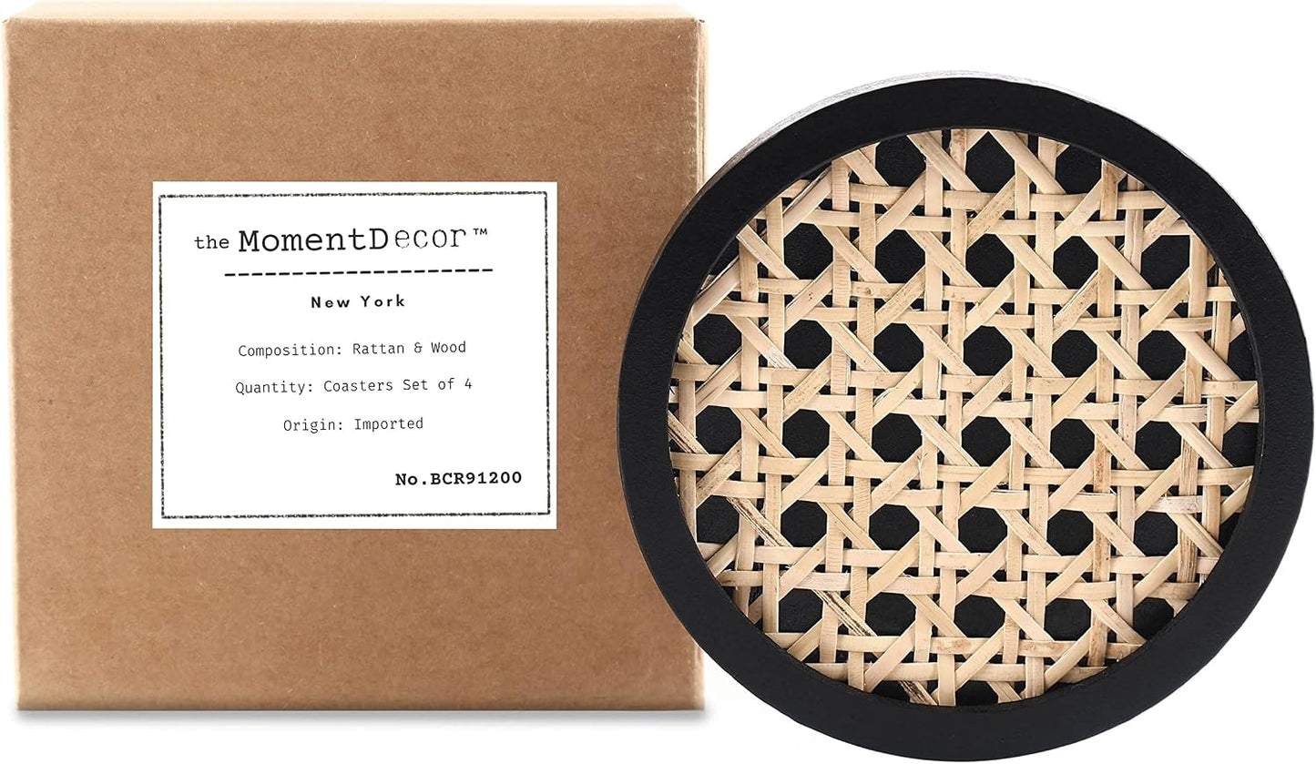 Unique Wooden Rattan Coasters / Round / Black / Set of 4
