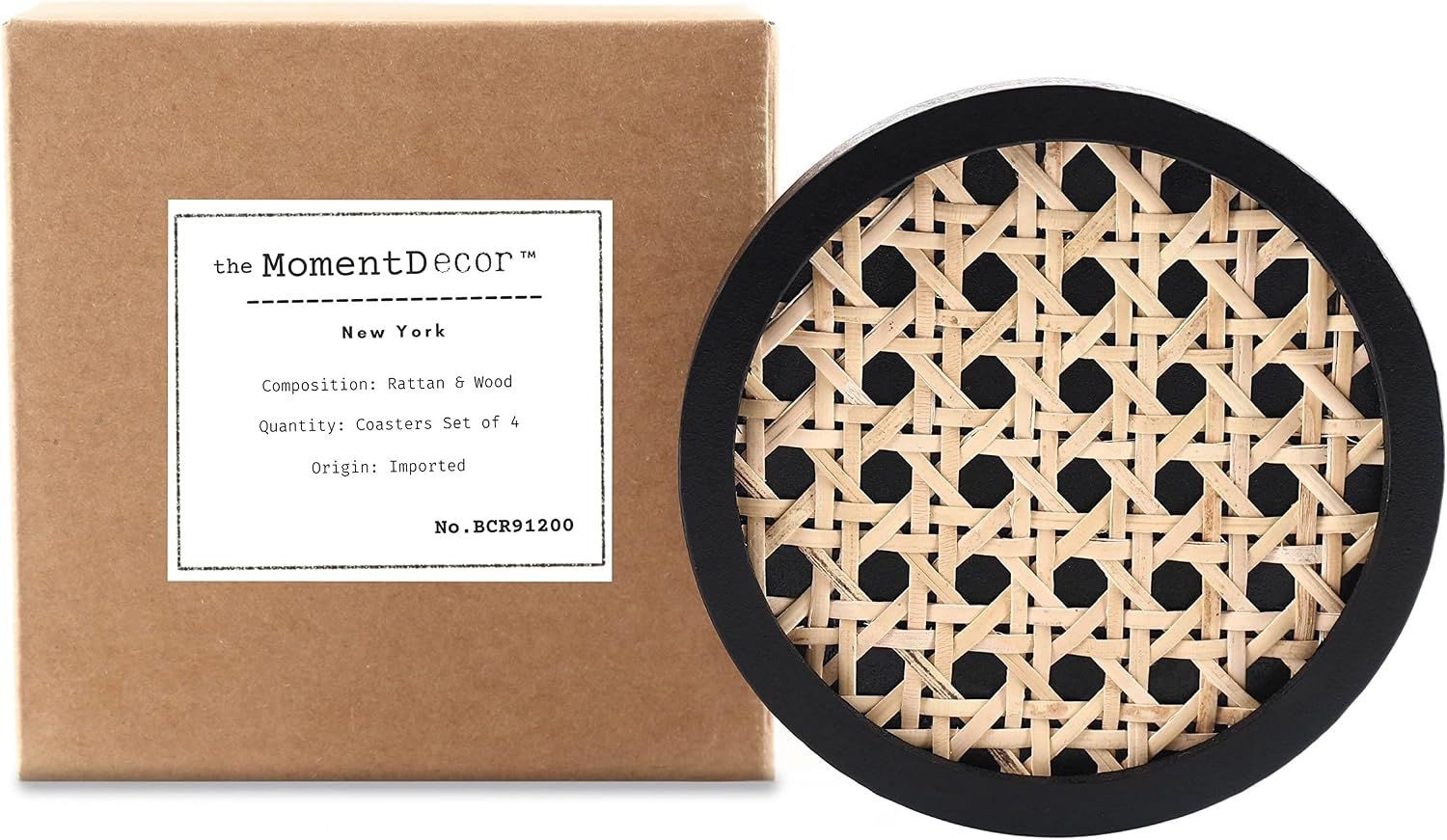 Unique Wooden Rattan Coasters / Round / Black / Set of 4