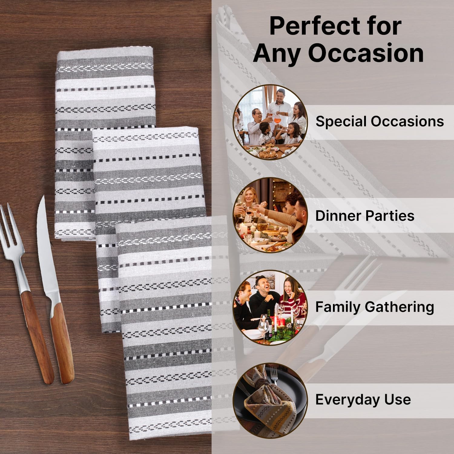 LFH Home Cotton Rich Cloth Salsa Napkin Set of 12 Washable Soft Durable Striped Table Napkins for Dining Wedding, Daily