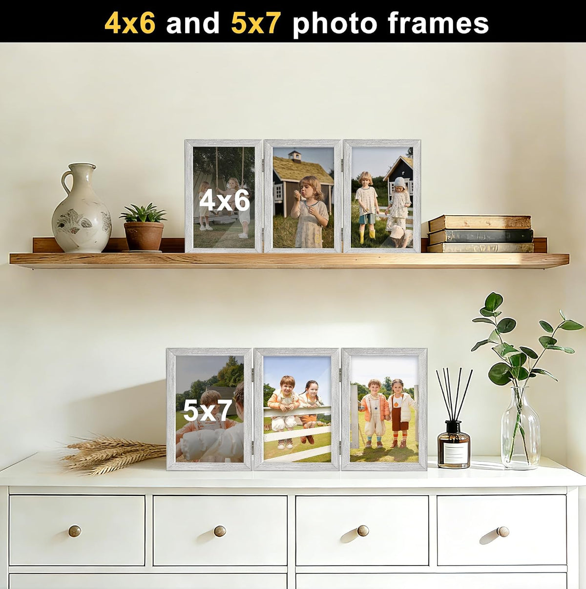 TOFOREVO 4x6 3 Picture Frame Triple Wooden Hinged Photo Frame Definition Glass Stand Vertically on Desktop or Tabletop